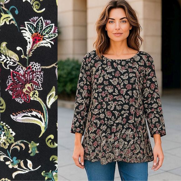 J Jill Pullover Top M Black Floral Peplum 3/4 Sleeves Purple Green White Tunic - Picture 1 of 10